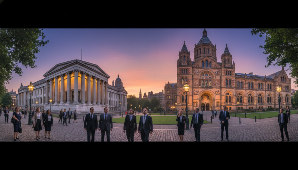 A stunning view of iconic world-class museums in London, showcasing the British Museum and the Natural History Museum. In the foreground, elegant visitors dressed in professional attire explore the museums, their expressions filled with wonder. The middle ground features the grand exteriors of the museums, with intricate architectural details illuminated by soft, warm cinematic lighting. The background reveals a serene evening sky giving way to twilight, enhancing the historical ambiance. The scene is captured in an 8k resolution, highlighting highly detailed textures of the museum facades and surrounding greenery. The atmosphere is inviting and scholarly, perfect for illustrating London's rich cultural heritage. A stunning view of iconic world-class museums in London, showcasing the British Museum and the Natural History Museum. In the foreground, elegant visitors dressed in professional attire explore the museums, their expressions filled with wonder. The middle ground features the grand exteriors of the museums, with intricate architectural details illuminated by soft, warm cinematic lighting. The background reveals a serene evening sky giving way to twilight, enhancing the historical ambiance. The scene is captured in an 8k resolution, highlighting highly detailed textures of the museum facades and surrounding greenery. The atmosphere is inviting and scholarly, perfect for illustrating London's rich cultural heritage.