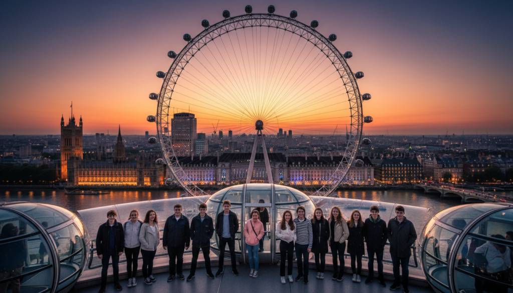 A stunning view of the London Eye at sunset, capturing its iconic structure against a vibrant sky painted in shades of orange and purple. In the foreground, a group of teenagers in casual attire, looking amazed as they take in the panoramic views from one of the glass pods. The middle ground shows the Ferris wheel with its illuminated lights beginning to twinkle as dusk settles in. In the background, the River Thames glimmers with reflections of nearby landmarks like Big Ben and the Houses of Parliament, bathed in the warm glow of evening light. The scene is captured with a cinematic angle, enhancing the dramatic effect, and features highly detailed textures to emphasize the grandeur of the attraction. 8k resolution for exceptional clarity.