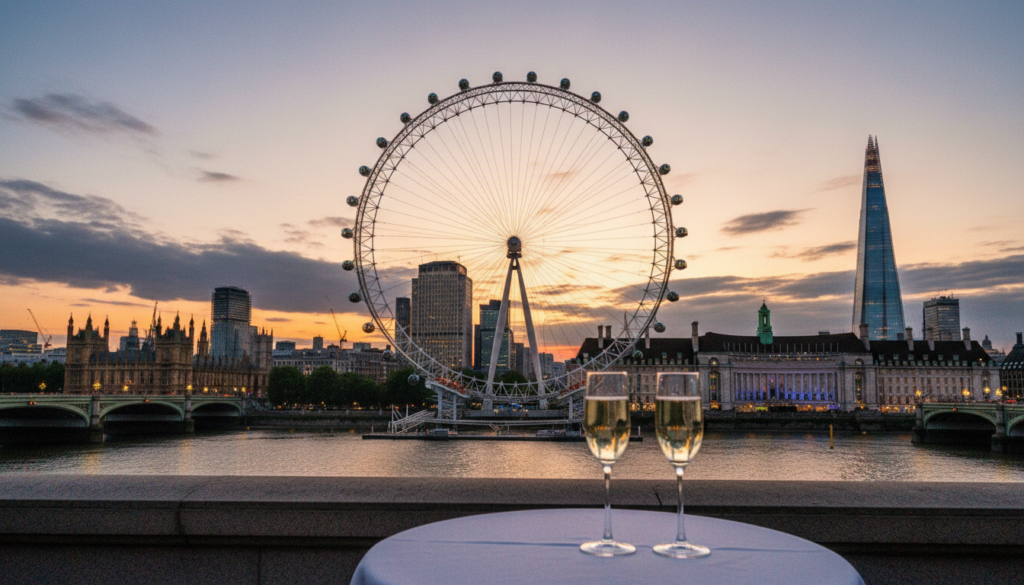 A stunning view of the London Eye, prominently featured in the foreground, illuminated by warm, cinematic lighting. The iconic Ferris wheel, intricately detailed with visible capsules, stands majestically against a backdrop of the Thames River at sunset. The middle ground showcases a vibrant city skyline, with historical buildings and modern architecture blending harmoniously, while the Shard pierces the sky. Soft, inviting clouds drift above, enhancing the romantic atmosphere. In the foreground, a small table with two glasses of champagne, adding a luxurious touch, with reflections of the London Eye shimmering in the glasses. The scene is captured with a wide-angle lens in 8k resolution, emphasizing the grandeur and excitement of this unforgettable attraction. A stunning view of the London Eye, prominently featured in the foreground, illuminated by warm, cinematic lighting. The iconic Ferris wheel, intricately detailed with visible capsules, stands majestically against a backdrop of the Thames River at sunset. The middle ground showcases a vibrant city skyline, with historical buildings and modern architecture blending harmoniously, while the Shard pierces the sky. Soft, inviting clouds drift above, enhancing the romantic atmosphere. In the foreground, a small table with two glasses of champagne, adding a luxurious touch, with reflections of the London Eye shimmering in the glasses. The scene is captured with a wide-angle lens in 8k resolution, emphasizing the grandeur and excitement of this unforgettable attraction.