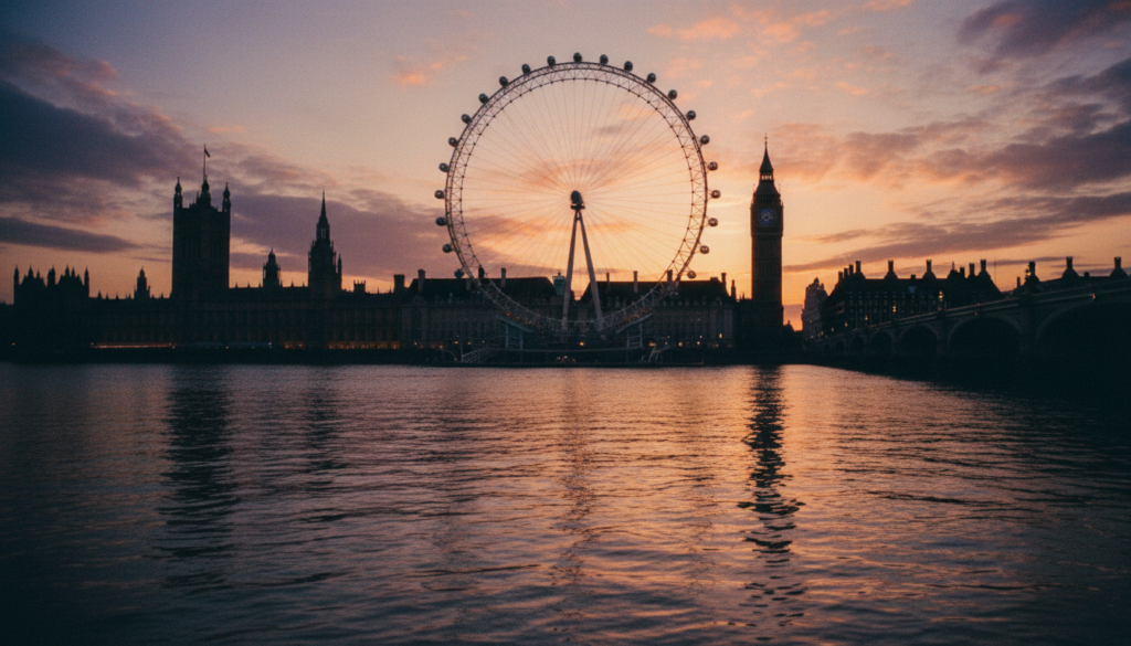 A stunning view of the London Eye towering majestically over the River Thames at sunset. In the foreground, the calm water of the Thames reflects the vibrant oranges and pinks of the sky, creating a serene atmosphere. The middle-ground features the iconic London Eye with its intricate wheel design, and visitors enjoying the panoramic views from within. In the background, the silhouette of the Houses of Parliament and Big Ben can be seen, framed beautifully against the twilight sky. The scene is bathed in cinematic lighting, highlighting the textures of the river and architecture. Capture this moment in 8k resolution, showcasing the details and depth of this quintessential London experience.