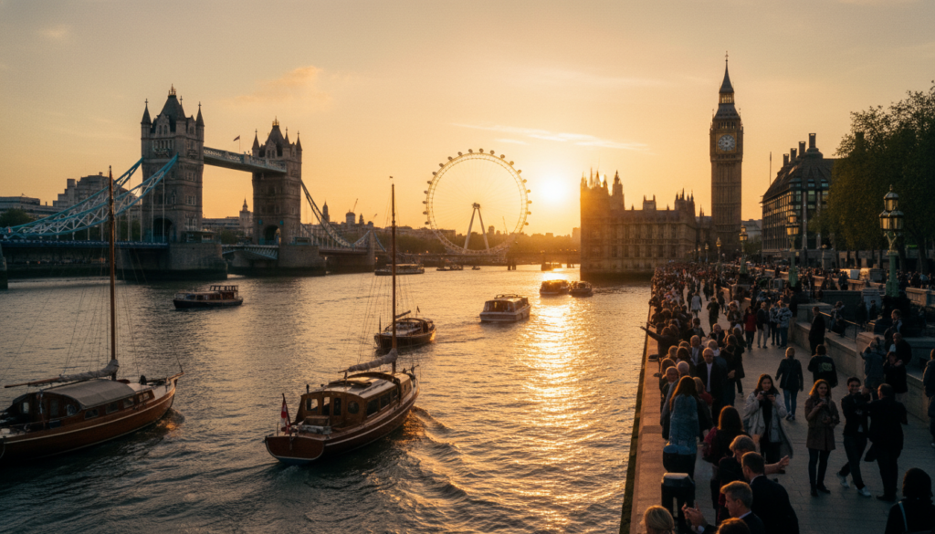 A stunning view of the River Thames at sunset, showcasing iconic London landmarks such as the Tower Bridge and the Houses of Parliament. In the foreground, elegant boats gently glide on the water, reflecting the vibrant colors of the sky. In the middle ground, tourists can be seen enjoying the view, dressed in smart casual attire, capturing photos and marveling at the scenery. The background features the London Eye silhouetted against a warm, golden sunset, with a soft glow illuminating the cityscape. The scene is rich in detail, with cinematic lighting providing depth and contrast, emphasizing the textures of the architecture and the shimmering surface of the river. The image should have a resolution of 8k to highlight every intricate detail.