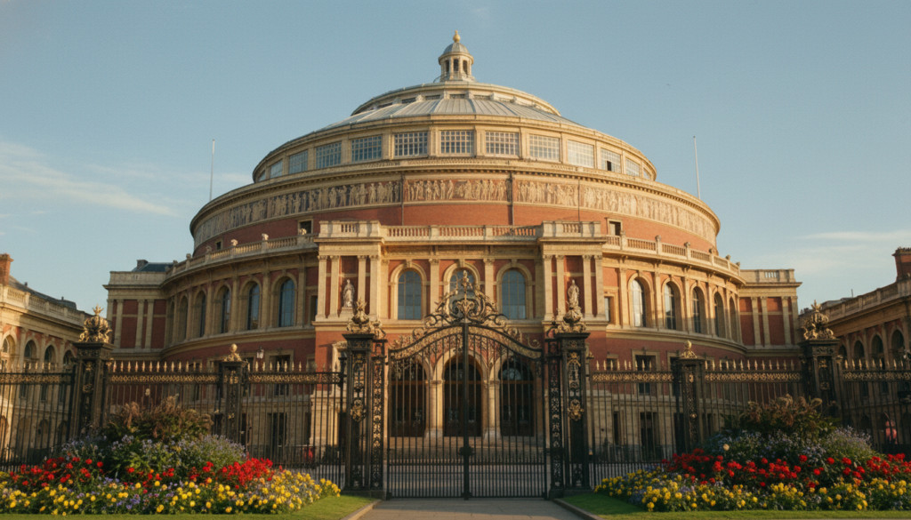 A stunning view of the Royal Albert Hall, showcasing its intricate Victorian architecture. In the foreground, the grand entrance with ornate wrought iron gates is flanked by beautifully landscaped gardens filled with colorful flowers. The middle ground highlights the iconic dome and arched windows, rich in detail and craftsmanship. In the background, a clear blue sky contrasts against the reddish-brick facade, giving the structure a regal presence. The scene is captured in soft, warm sunlight that enhances the textures, creating a cinematic atmosphere. Use an 8k resolution to emphasize the highly detailed elements, and employ a slightly low-angle shot to accentuate the grandeur of the architecture, evoking a sense of awe and historical significance.