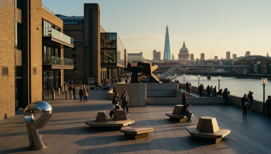 A stunning view of the Tate Modern contemporary art gallery situated along the Thames River in London. In the foreground, sleek modern sculptures and benches invite visitors, showcasing the gallery's focus on innovative art. The middle ground features the iconic industrial architecture of the Tate Modern, its brick façade juxtaposed with contemporary glass additions, and large, abstract outdoor installations. The background captures a vibrant London skyline, with the Millennium Bridge elegantly spanning the river. The scene is bathed in warm, golden hour lighting, creating rich shadows and highlighting textures of the building. The atmosphere is lively yet serene, perfect for art lovers and tourists alike. Shot with a wide-angle lens to capture the grandeur in 8k resolution, emphasizing clarity and detail without any distracting elements.