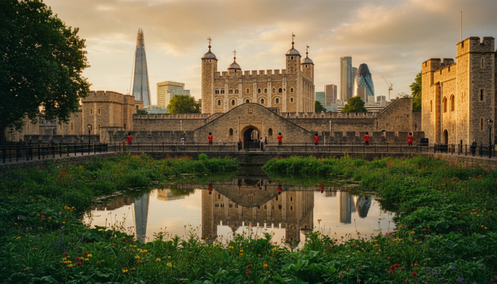 A stunning view of the Tower of London, capturing its iconic medieval architecture. In the foreground, include the moat with lush greenery and scattered wildflowers, reflecting the historical significance. The middle ground features the Tower itself, showcasing its stone walls, imposing towers, and the Yeoman Warders in traditional attire, adding a sense of life and history. In the background, the London skyline with modern skyscrapers contrasts beautifully against the ancient fortress, highlighting the blend of old and new. Use dramatic cinematic lighting to create a warm atmosphere during golden hour, enhancing the textures of the stone and the details of the surrounding landscape. Shot from a low angle, this highly detailed 8k resolution image evokes a sense of awe and nostalgia, inviting viewers to explore London's rich heritage.