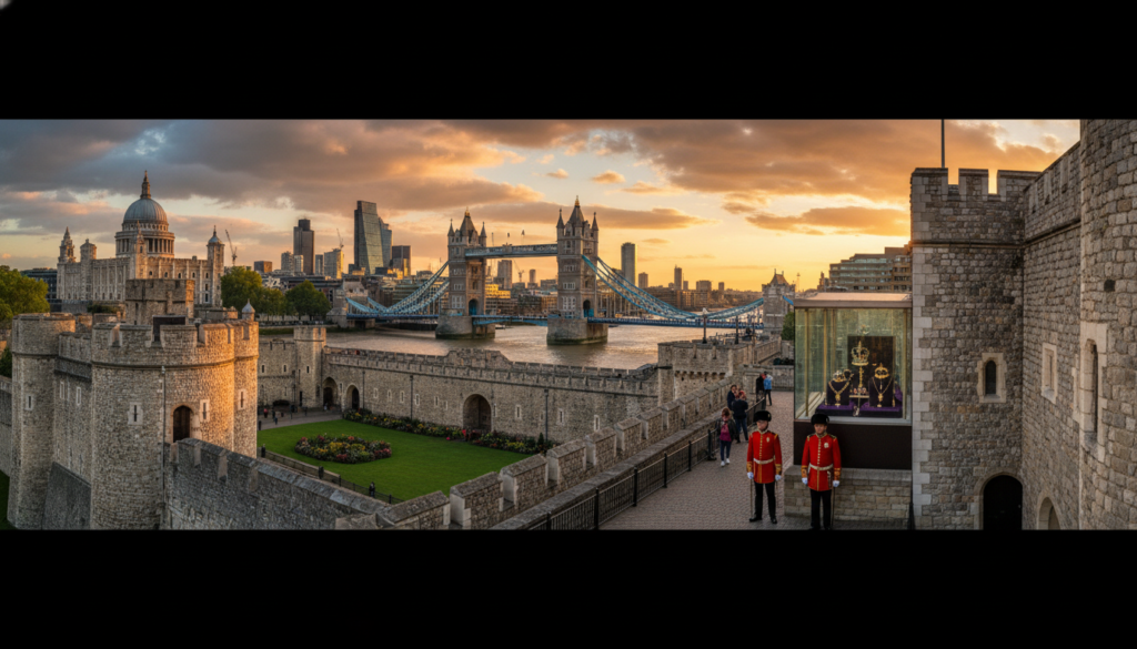 A stunning view of the Tower of London, prominently featuring its iconic white stone walls and battlements in the foreground, with the historic Beefeaters in traditional uniform standing proudly nearby. In the middle ground, showcase the Tower Bridge gracefully arching over the River Thames, with pedestrians enjoying the view. The background includes London's skyline under a dramatic sunset, casting warm golden hues on the Tower, enhancing its rich history. The scene captures vibrant details like the carefully manicured grounds and the Crown Jewels displayed in a glass case within the Tower, reflecting the regal atmosphere. Use cinematic lighting to highlight textures of the stone and the intricate designs of the Beefeater uniforms. The image should be a raw photograph in 8k resolution, evoking a sense of wonder and history.