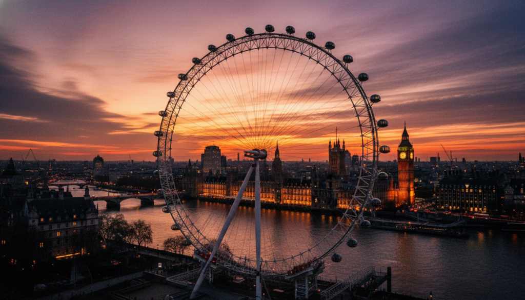 A stunning view of the iconic London Eye, framed in the foreground, with its grand structure illuminated against a twilight sky, casting gentle reflections on the River Thames below. In the middle ground, include panoramic city views showcasing the Houses of Parliament and Big Ben, surrounded by a vibrant city atmosphere. The background features a picturesque sunset, blending oranges and purples, enhancing the romantic appeal of the scene. Utilize cinematic lighting to highlight the intricate details of the London Eye's architecture and the bustling activity along the riverbank. The composition should evoke a sense of wonder and exploration, ideal for appreciating one of London’s top viewpoints. Render the image in 8k resolution with highly detailed textures to capture every nuance of this iconic landmark.