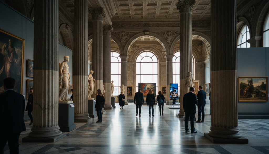 A stunning, wide-angle shot of a grand museum interior, capturing the essence of art and history. In the foreground, elegant marble floors reflect the intricate design of the space, with visitors in professional attire exploring exhibits. The middle section features towering columns adorned with classical sculptures, while well-lit galleries showcase diverse artworks, from classic to contemporary. In the background, large windows allow natural light to flood in, highlighting the detailed textures of the walls and ceilings. The atmosphere is inviting and tranquil, conveying a sense of discovery and cultural enrichment. The image should be captured with cinematic lighting, emphasizing the rich colors and sharp details, in 8k resolution for a lifelike feel.
