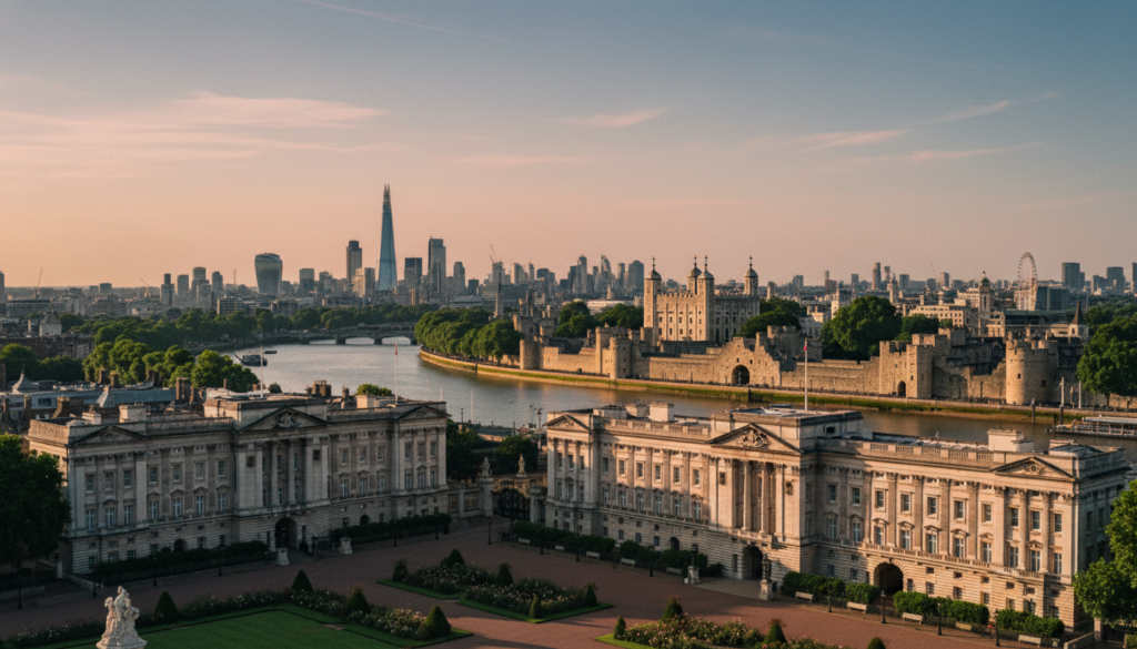 A sweeping view of the Historic Royal Palaces in London, showcasing the grandeur of Buckingham Palace with its intricate façade and manicured gardens in the foreground. In the middle ground, depict the majestic Tower of London with its imposing stone walls and the picturesque River Thames reflecting the soft glow of a late afternoon sun. The background should feature the silhouette of the iconic London skyline, including the Shard and the London Eye against a pastel sunset. Utilize cinematic lighting to enhance the textures of the architecture and the lush greenery, capturing an inviting and regal atmosphere. Aim for a raw photograph style with 8k resolution.