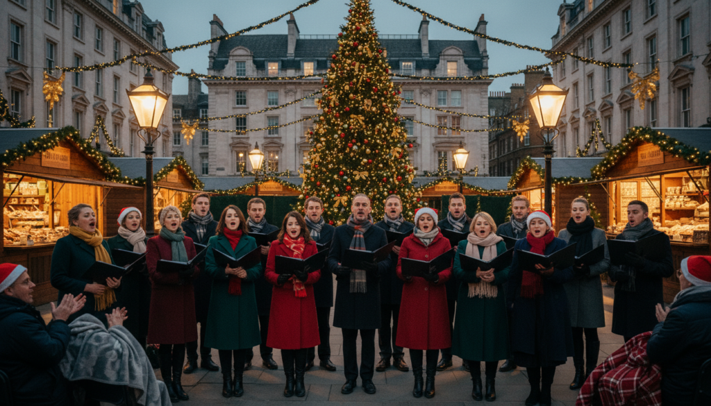 A vibrant Christmas carols concert set in a historic London square, with a classic Victorian architecture backdrop adorned with festive lights. In the foreground, a diverse group of singers dressed in elegant winter attire, warmly lit by the soft glow of lanterns. The middle ground features an audience gathered around, some holding hot beverages and wrapped in cozy blankets, all immersed in the joyous atmosphere. The background includes a beautifully decorated Christmas tree, twinkling with lights, and nearby market stalls selling seasonal treats. Captured in a cinematic style, with rich detail and textures, in an 8k resolution, emphasizing the warmth and magic of the festive season. The scene is illuminated by twilight, creating an enchanting mood perfect for celebrating holiday traditions.