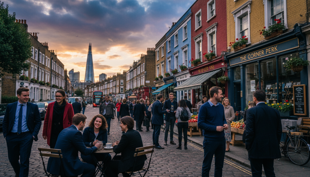 A vibrant London street scene showcasing the lively neighborhood atmosphere, filled with colorful buildings and bustling local shops. In the foreground, a diverse group of people in professional business attire and modest casual clothing are engaging with one another, capturing the essence of community. The middle ground features iconic London architecture, such as charming brick houses and quaint cafes, with flowering plants adorning the storefronts. In the background, a hint of the London skyline under a dynamic, cloud-strewn sky adds depth. The image should be captured with a wide-angle lens to emphasize the bustling street life, bathed in warm, cinematic lighting that highlights textures. The overall mood is inviting and energetic, reflecting London's rich culture. 8k resolution for stunning detail.