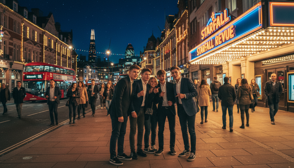 A vibrant West End theater street scene at night, filled with excited teenagers dressed in smart casual clothing, eagerly discussing their night out. In the foreground, a group of friends huddles together, pointing toward a brightly lit theater marquee displaying a popular show title. The middle ground features elegant Victorian-style buildings adorned with colorful lights, while theatergoers walk past, creating a lively atmosphere. In the background, a glowing London skyline under a starry sky sets the stage for this unforgettable experience. The image should have cinematic lighting to enhance the mood, with rich, highly detailed textures capturing the essence of a memorable night out. Shot in 8k resolution to showcase the excitement and energy of West End theater nights that teens can’t help but brag about.