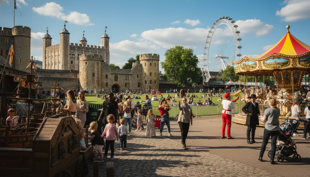 A vibrant and bustling family-friendly visitor attraction in London during a sunny day. In the foreground, a diverse group of families, including children of various ages, are joyfully engaging with interactive historical displays, a brightly colored carousel, and playful street performers. In the middle ground, iconic landmarks like the Tower of London and the London Eye are visible, surrounded by greenery and picnic areas where families are enjoying their time together. The background features a clear blue sky with fluffy white clouds, creating a cheerful atmosphere. The image captures rich textures of the historical architecture with cinematic lighting, showcasing the lively energy of the attractions. Shot with an 85mm lens in 8k resolution for highly detailed textures.