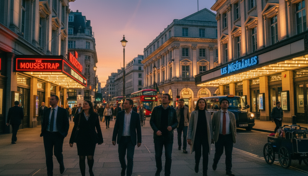 A vibrant and bustling scene in London's Theatre District during twilight. In the foreground, a diverse group of people dressed in professional business attire and modest casual clothing, casually strolling, some stopping to admire the illuminated theater marquee signs. The middle ground features iconic theaters like the Royal Opera House and the Lyceum Theatre, with intricate architectural details visible. The background showcases a colorful sunset sky, casting a warm glow over the entire scene. The atmosphere is lively and electric, capturing the essence of entertainment and culture. Soft cinematic lighting emphasizes the texture of the buildings and the expressions of the people. Shot with an 85mm lens for a shallow depth of field, creating an inviting focus on the attractions. Highly detailed textures in 8k resolution to enhance the overall visual experience. A vibrant and bustling scene in London's Theatre District during twilight. In the foreground, a diverse group of people dressed in professional business attire and modest casual clothing, casually strolling, some stopping to admire the illuminated theater marquee signs. The middle ground features iconic theaters like the Royal Opera House and the Lyceum Theatre, with intricate architectural details visible. The background showcases a colorful sunset sky, casting a warm glow over the entire scene. The atmosphere is lively and electric, capturing the essence of entertainment and culture. Soft cinematic lighting emphasizes the texture of the buildings and the expressions of the people. Shot with an 85mm lens for a shallow depth of field, creating an inviting focus on the attractions. Highly detailed textures in 8k resolution to enhance the overall visual experience.