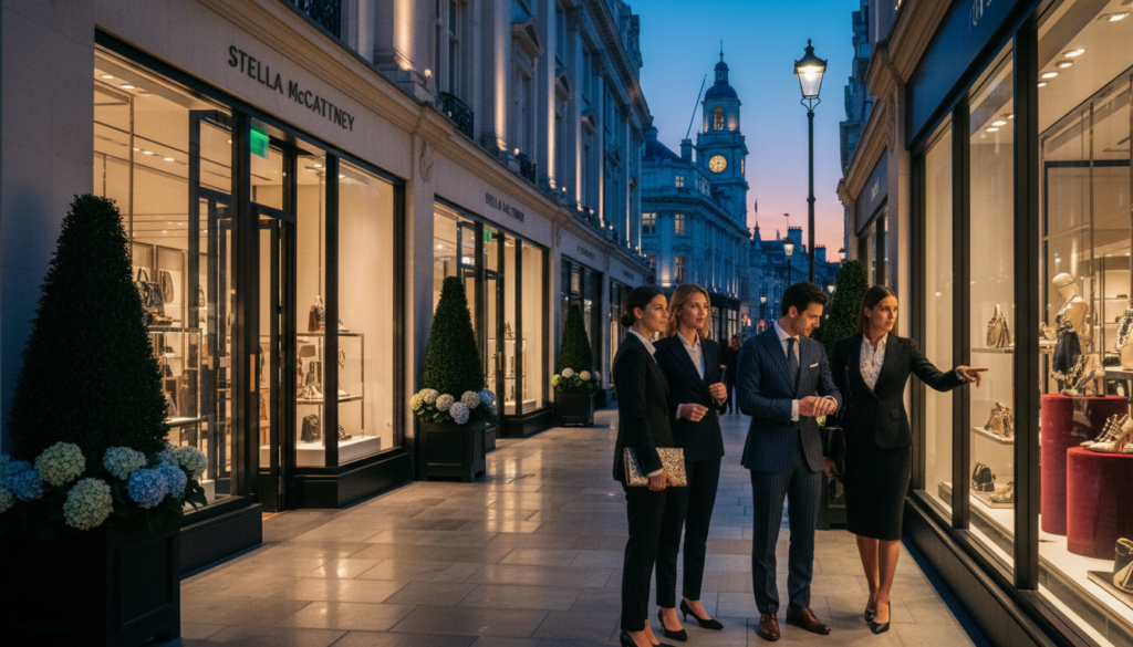 A vibrant and chic luxury shopping street in Knightsbridge, London, showcasing high-end boutiques with elegant window displays. In the foreground, fashionable individuals dressed in professional business attire, admiring the luxury goods. The middle ground features an upscale store with glossy marble floors and richly textured displays of designer handbags and accessories. Lush greenery and well-manicured hedges frame the luxurious storefronts. In the background, iconic London architecture under a soft twilight sky, illuminated with warm, cinematic lighting that casts inviting reflections. The scene captures the essence of opulence and exclusivity, evoking a sense of sophistication and desire. The image is highly detailed and rendered in 8k resolution, conveying a glamorous atmosphere that appeals to serious shoppers.