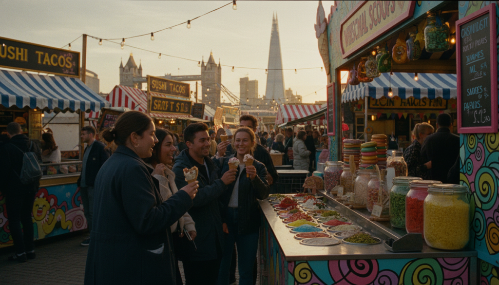 A vibrant and whimsical outdoor food market in London, showcasing a variety of quirky food stands with colorful, artistic displays. In the foreground, a group of people dressed in modest casual clothing gather around a flamboyant stand selling unusual flavor ice creams with toppings like edible flowers and savory spices. The middle ground features an eclectic mix of street food vendors offering fusion dishes, such as sushi tacos and rainbow bagels. In the background, iconic London architecture, like the Shard and Tower Bridge, is softly illuminated by warm, golden hour lighting. The scene is bustling with laughter and excitement, capturing the essence of a quirky food experience, all presented in a raw photographic style with highly detailed textures and 8k resolution.