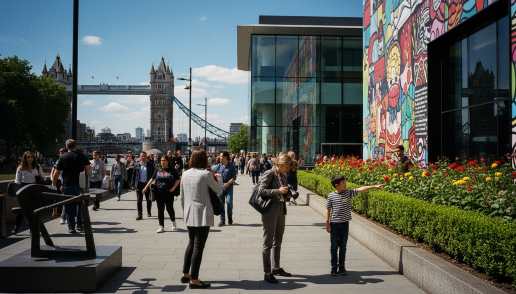 A vibrant, bustling London street scene showcasing a free art museum with diverse visitors exploring its outdoor installations. In the foreground, a group of tourists enjoys sculptures, with one woman in professional attire taking photos, while a child points excitedly at a colorful mural on the museum's wall. The middle ground reveals the museum's modern architecture framed by lush greenery and flower beds, creating a welcoming atmosphere. In the background, iconic London landmarks like the Tower Bridge are subtly visible under clear blue skies. The image features cinematic lighting that highlights the textures of the museum and installations, captured in stunning 8k resolution to evoke a sense of discovery and cultural appreciation.