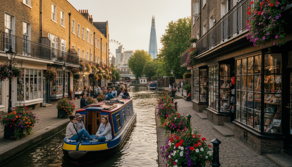 A vibrant canal scene in a bustling city, showcasing a narrowboat gliding gently along the water, with tourists wearing casual attire enjoying the view. In the foreground, intricate details of colorful flowers spill over the edges of the canal, while quaint shops line the banks, their windows reflecting the lively atmosphere. The middle ground captures a row of historic brick buildings with charming balconies, creating a picturesque backdrop. In the background, iconic London landmarks such as the Shard and the London Eye peek through lush green trees. The lighting is warm and cinematic, casting soft shadows and illuminating the water's surface, enhancing the overall charm of the scene. Shot with a wide-angle lens in 8k resolution, the image conveys a sense of exploration and serenity, inviting viewers to discover the unique waterways of London.