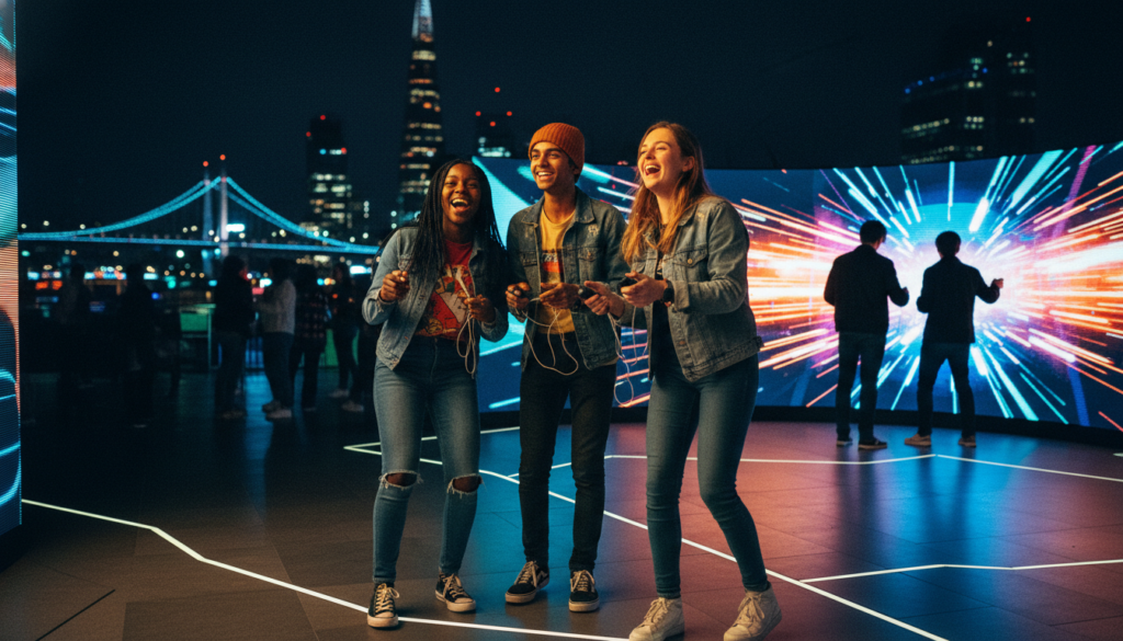 A vibrant, immersive scene featuring a diverse group of teens engaged in an interactive experience at a popular London attraction. In the foreground, three friends, dressed in casual but stylish clothing, are laughing and playing a virtual reality game, their faces illuminated by soft, cinematic lighting that highlights their excitement. The middle ground showcases colorful, high-tech immersive displays and digital art installations that evoke a sense of wonder, drawing the teens' attention. In the background, iconic London landmarks like the London Eye can be seen, slightly blurred to emphasize the action in the foreground. The atmosphere is lively and energetic, capturing the excitement of modern entertainment experiences. The image is rich in detail, with textures that pop in 8k resolution.