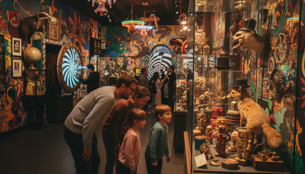 A vibrant interior of a quirky London museum filled with interactive exhibits, showcasing peculiar artifacts like vintage toys, odd taxidermy, and eclectic art installations. The foreground features a family of four, dressed in casual attire, curiously exploring a display of unusual objects. In the middle, visitors engage with interactive exhibits, such as a giant kaleidoscope and an optical illusion wall. The background is adorned with colorful murals and whimsical sculptures, all illuminated by soft, cinematic lighting casting playful shadows. The atmosphere is lively and inviting, capturing the charm of quirky creativity. The image should be highly detailed with vivid textures, presented in 8k resolution for maximum clarity and impact.