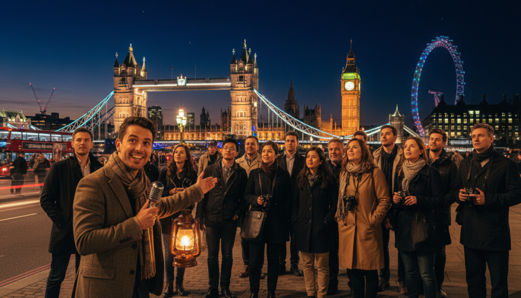 A vibrant nighttime scene in London featuring a diverse group of tourists on a guided night tour. In the foreground, a cheerful tour guide engages with the visitors, who are dressed in smart casual clothing, pointing out an iconic landmark illuminated by soft yellow lights. The middle ground showcases a bustling street with historical architecture, including the Tower Bridge and the Houses of Parliament, all aglow under a starry sky. The background reveals the London Eye twinkling with colors, creating a lively atmosphere. The composition captures the essence of exploration, with cinematic lighting highlighting the excitement of discovering the city after dark. The image is rendered in 8k resolution, showcasing highly detailed textures and a warm, inviting mood.