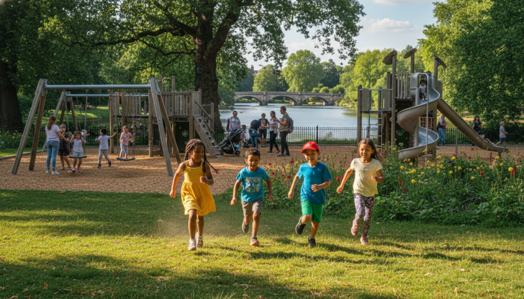 A vibrant scene capturing children joyfully playing in Hyde Park, surrounded by lush greenery and the iconic park landscape. In the foreground, a diverse group of kids, aged 6 to 10, dressed in colorful casual clothing, are engaged in a spirited game of tag, their faces lit with laughter and excitement. In the middle ground, a well-maintained playground features swings and slides, bustling with other children and parents supervising. The background showcases the serene lakes and historical trees under a clear blue sky, with gentle sunlight filtering through the leaves. The mood is lively and cheerful, emphasizing family fun and togetherness. The image is to be rendered in 8k resolution with cinematic lighting to highlight textures and details, creating an inviting atmosphere.