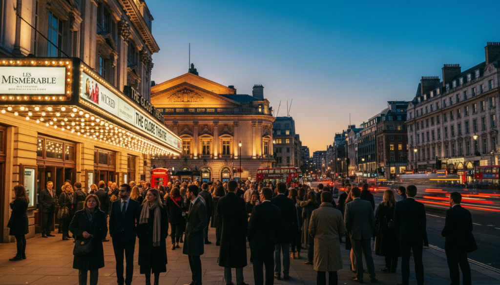 A vibrant scene capturing the essence of London's Theatre District during the evening. In the foreground, a bustling crowd of elegantly dressed theatergoers, in professional attire and modest casual clothing, gather outside a grand theater adorned with bright lights and colorful posters showcasing upcoming shows. The middle ground features iconic landmarks like the Royal Opera House and The Lyceum Theatre, their architectural details sharply illuminated by warm, cinematic lighting. In the background, a twilight sky transitions from golden hues to deep blue, flanked by historical buildings and modern lights reflecting the city's rich entertainment heritage. The overall mood is lively and enchanting, compellingly representing London's vibrant arts scene in stunning 8k resolution with highly detailed textures.