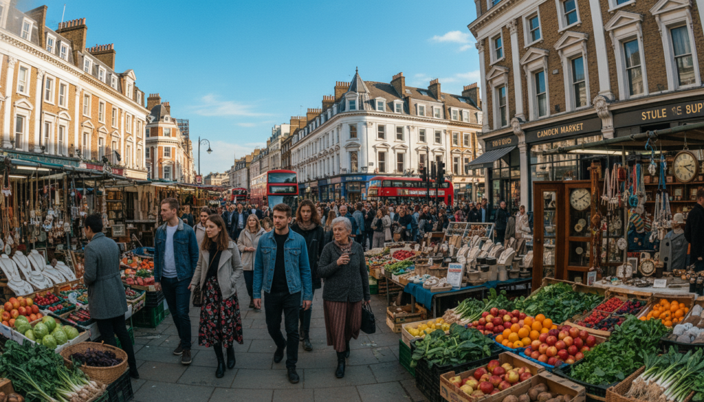 A vibrant scene capturing the essence of famous London markets and shopping areas. In the foreground, colorful market stalls overflow with fresh produce, artisan crafts, and unique antiques, while diverse shoppers explore the offerings. In the middle ground, iconic locations like Camden Market and Portobello Road are visible, bustling with energy and people dressed in stylish, modest casual clothing. The background features the classic architecture of London, with historical buildings and shopfronts lining the streets beneath a bright, clear blue sky. The atmosphere is lively and inviting, with warm, cinematic lighting that enhances the textures of the market goods and the excitement of the crowd. The image should be shot with an ultra-wide lens to encompass the vibrant activity and rich details, in stunning 8k resolution. A vibrant scene capturing the essence of famous London markets and shopping areas. In the foreground, colorful market stalls overflow with fresh produce, artisan crafts, and unique antiques, while diverse shoppers explore the offerings. In the middle ground, iconic locations like Camden Market and Portobello Road are visible, bustling with energy and people dressed in stylish, modest casual clothing. The background features the classic architecture of London, with historical buildings and shopfronts lining the streets beneath a bright, clear blue sky. The atmosphere is lively and inviting, with warm, cinematic lighting that enhances the textures of the market goods and the excitement of the crowd. The image should be shot with an ultra-wide lens to encompass the vibrant activity and rich details, in stunning 8k resolution.