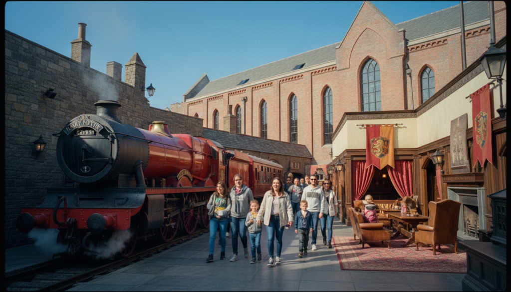 A vibrant scene capturing the essence of the Harry Potter Studio Tour, set in a bustling London environment. In the foreground, iconic props like the Hogwarts Express and the Gryffindor common room are displayed with intricate details, inviting viewers into the magical world. The middle ground features families exploring the studio, dressed in casual clothing, their faces filled with wonder and excitement. In the background, an impressive view of the Warner Bros. studio building looms under a clear blue sky, with soft sunlight casting cinematic lighting and enhancing the textures of the brickwork. The atmosphere is enchanting and lively, evoking a sense of nostalgia and adventure within the wizarding world, all rendered in stunning 8k resolution.