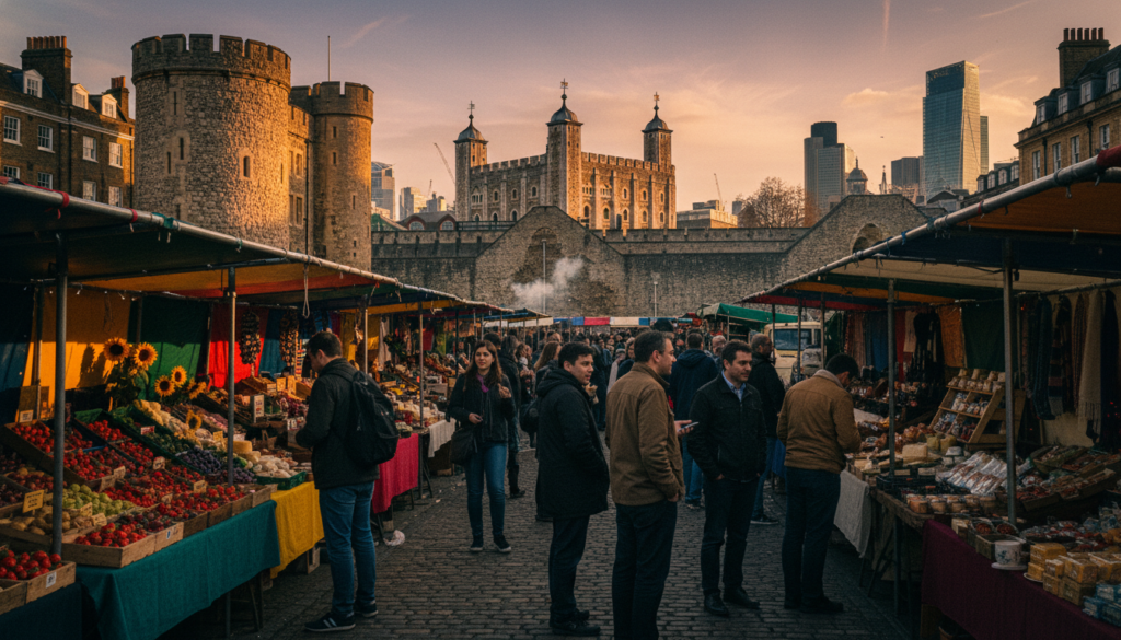 A vibrant scene depicting London's iconic markets, featuring a bustling outdoor market in the foreground with colorful stalls displaying fresh produce, handmade goods, and street food. Shoppers, dressed in casual attire, interact and browse among the stalls. The middle ground showcases a historical landmark, like the Tower of London or Trafalgar Square, fading into the rich textures of London architecture. In the background, the sky is alive with soft, golden-hour light casting a warm glow over the scene, highlighting the bustling activity. The image is captured with a wide-angle lens to encompass the entire atmosphere, emphasizing both the lively market and the iconic landmarks. The overall mood is lively and welcoming, inviting viewers to explore the vibrancy of London. Highly detailed textures in 8k resolution add to the richness of the scene.