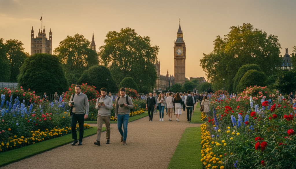 A vibrant scene depicting London's iconic parks and gardens, filled with lush greenery and colorful flower beds. In the foreground, a beautifully manicured pathway leads to a classic English garden, with neatly trimmed hedges and vibrant blossoms. In the middle ground, diverse visitors stroll leisurely, dressed in modest casual attire, enjoying the serene atmosphere. The background showcases the majestic silhouette of a historic London monument, framed by tall trees swaying gently in the breeze. The soft glow of golden hour lighting bathes the landscape, adding a warm and inviting ambiance. The image captures the essence of relaxation and natural beauty in the heart of London’s urban environment, rendered in highly detailed textures at 8k resolution.