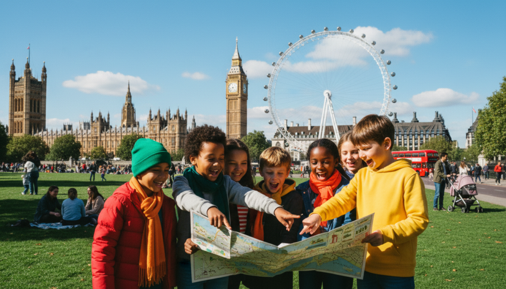 A vibrant scene depicting a diverse group of children excitedly planning a family day out in London. In the foreground, a cheerful, multi-ethnic group of children is gathered around a large map of London, pointing at various attractions with wide smiles, dressed in colorful, casual clothing. In the middle ground, iconic London landmarks such as the Big Ben and the London Eye can be seen, blending into a bustling park atmosphere with other families enjoying their day. In the background, a clear blue sky with fluffy white clouds adds to the cheerful mood. The composition is shot with cinematic lighting to enhance the colors and textures, aiming for a highly detailed, 8k resolution look, inviting viewers into the joyful planning of a stress-free family adventure.