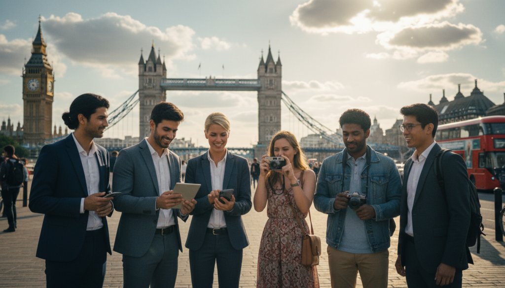 A vibrant scene depicting a diverse group of tourists happily exploring iconic London landmarks, such as the Tower Bridge and Big Ben in the background. The foreground features individuals in professional business attire and modest casual clothing, engaging with a digital map and taking pictures. Sunlight filters through softly, creating a warm, inviting atmosphere, highlighting the intricate details of the architecture. The shot utilizes a slightly elevated angle, capturing both the excitement of the people and the grandeur of the sights. The image is highly detailed and rendered in 8k resolution, with cinematic lighting that enhances the textures of the buildings and the emotions of the characters.