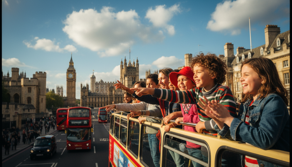 A vibrant scene depicting a group of children and their parents enjoying a ride on a hop-on hop-off bus in London. In the foreground, smiling kids of diverse backgrounds, dressed in casual yet colorful clothing, gaze excitedly out the open windows of the bus as they point at iconic landmarks. In the middle ground, iconic London attractions like the Tower of London and Big Ben are visible, with charming double-decker buses weaving through busy streets. The background features a bright blue sky, fluffy white clouds, and the silhouettes of historic buildings. The lighting is cinematic, with enhanced contrasts and warm tones, creating a cheerful atmosphere. The scene captures the joy of family-friendly sightseeing, emphasizing the fun and adventure of exploring the city. The image is rendered in 8k resolution with highly detailed textures.