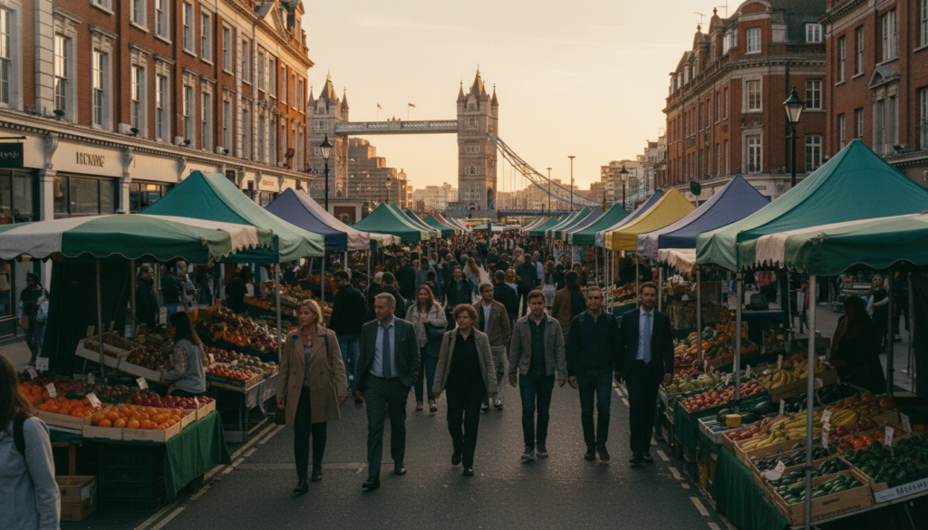 A vibrant scene depicting popular markets and shopping areas in London. In the foreground, a bustling street market filled with colorful stalls showcasing fresh produce, handmade crafts, and street food vendors; people of diverse backgrounds in professional attire and modest casual clothing browse the stalls. The middle ground features iconic shops and boutiques lining the street, with shoppers engaged in lively conversations. The background reveals historic London architecture, such as red brick buildings with ornate facades and the silhouette of a nearby landmark, like the famous Tower Bridge or the London Eye. Illuminate the scene with warm, cinematic lighting during golden hour, casting soft shadows and enhancing the textures of the market wares. Capture the image in 8k resolution for crystal-clear detail.