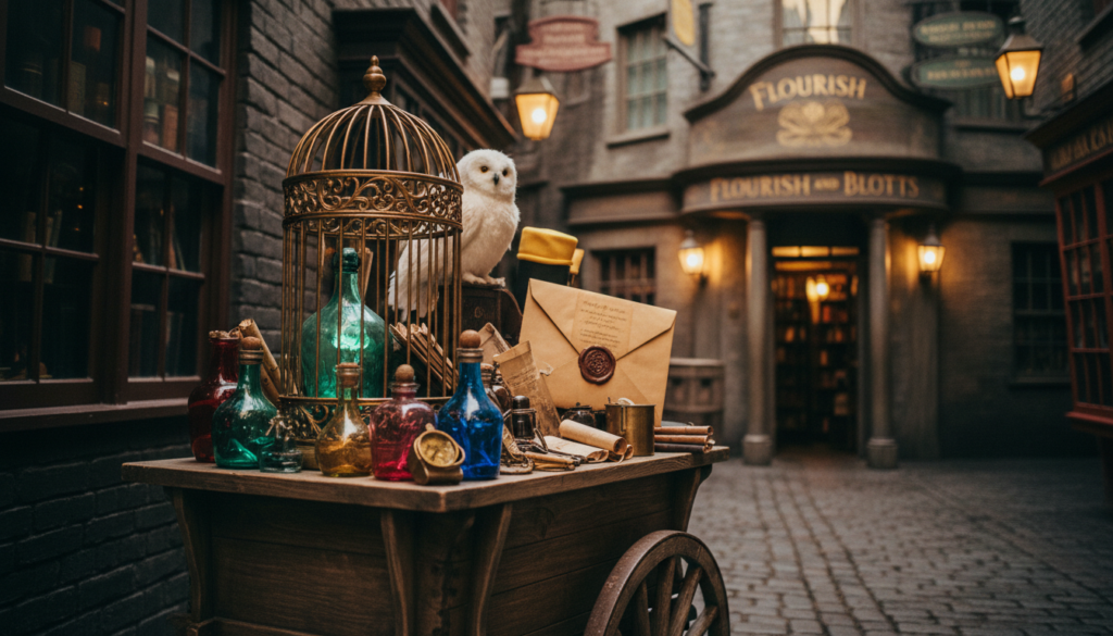 A vibrant scene from a Harry Potter-themed photo opportunity, featuring a magical, cobblestone alley reminiscent of Diagon Alley. In the foreground, a vintage-looking wooden cart filled with colorful potion bottles and magical artifacts stands prominently, inviting interaction. The middle ground reveals life-sized decorations of iconic elements such as an owl cage and a Hogwarts acceptance letter. The background showcases the entrance of a whimsical bookstore, adorned with enchanting signage, surrounded by flickering street lamps. The atmosphere is filled with a warm, golden glow from the cinematic lighting, highlighting the rich textures of the cobblestones and wood. The image should evoke a sense of wonder and nostalgia, captured in highly detailed 8k resolution with a soft focus lens effect for dreamy appeal.