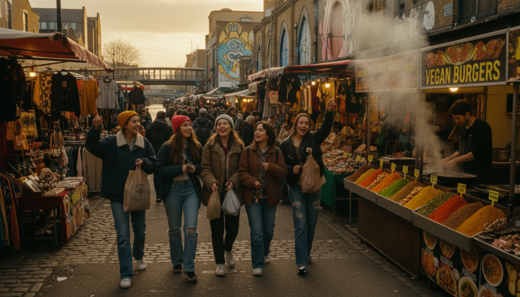 A vibrant scene of Camden Market bustling with energy, showcasing colorful market stalls filled with eclectic merchandise and street food vendors showcasing tempting dishes. In the foreground, a diverse group of teenagers in casual clothing animatedly exploring the stalls, their expressions filled with excitement. The middle ground features a variety of food carts with delicious, mouth-watering dishes, adding rich colors and textures to the scene. In the background, the iconic canal lined with gothic architecture and street art creates a lively atmosphere. Capture this in a raw photograph style with cinematic lighting that emphasizes the vibrancy and details, using a wide-angle lens to encompass the dynamic environment. The image should evoke a lively, youthful spirit and the thrill of exploring Camden Market, presented in stunning 8k resolution.