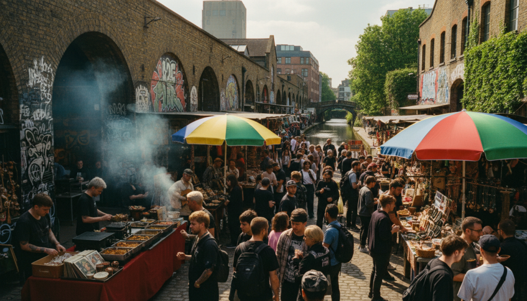 A vibrant scene of Camden Market in London, showcasing its eclectic stalls and vibrant street life. In the foreground, diverse people browse through unique items and street food vendors offering colorful dishes. The middle ground features iconic market architecture adorned with graffiti art, bustling with activity. Brightly colored umbrellas provide shade over shoppers, enhancing the lively atmosphere. In the background, historic buildings and the canal create a picturesque backdrop, with lush greenery peeking in from the sides. The scene is captured in raw photograph style with cinematic lighting illuminating the textures of shopfronts and the vibrant colors of the market. Shot at a wide angle to emphasize the bustling energy of Camden Market, in stunning 8k resolution, conveying the alternative and artistic vibes of this unique London destination.
