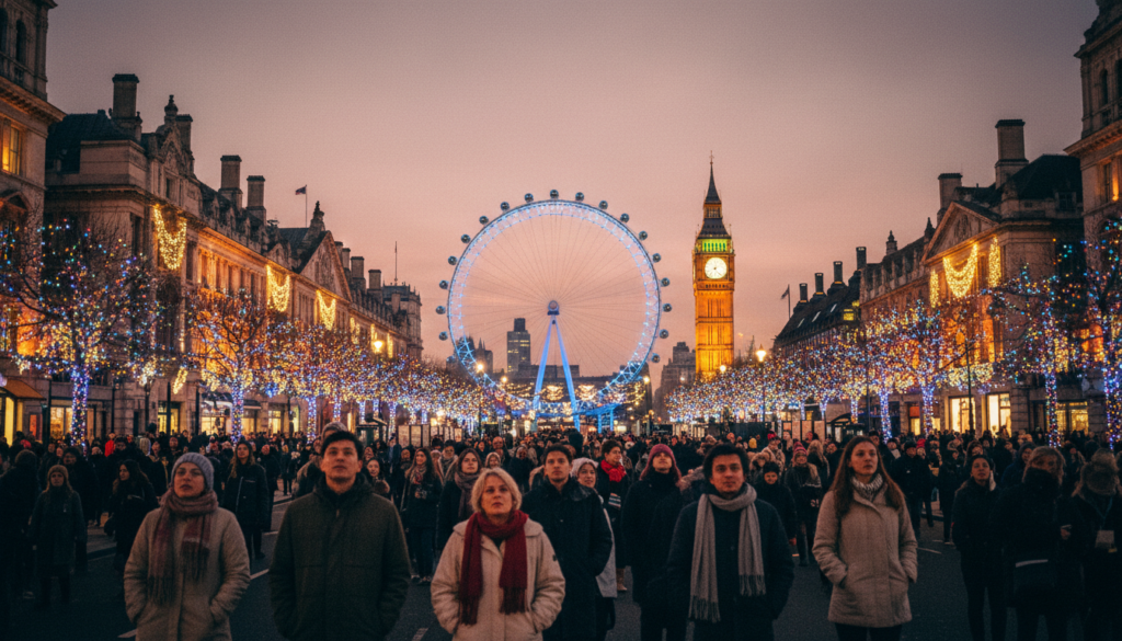 A vibrant scene of Central London adorned with Christmas lights during the festive season. In the foreground, beautifully illuminated trees line the streets, their branches twinkling with colorful fairy lights. The middle ground features iconic landmarks like the London Eye and Historic buildings, each draped in luminous decorations and warm, inviting hues. In the background, a soft glow fills the sky, suggesting an enchanting twilight. The image captures the festive spirit with a bustling crowd of people dressed in cozy winter attire, gazing upwards in wonder. Shot with a wide-angle lens to encompass the grandeur of the cityscape, the cinematic lighting highlights the sparkling decorations, creating a magical atmosphere. The entire composition is highly detailed, rendered in 8k resolution to showcase every shimmering light and intricate texture.