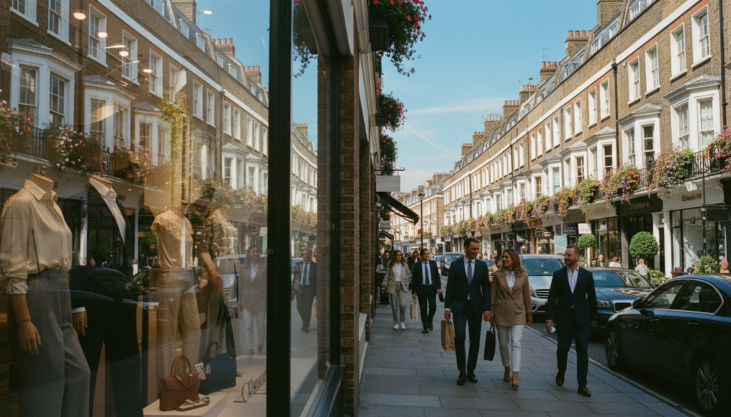 A vibrant scene of King’s Road in Chelsea, London, showcasing a lively street lined with elegant boutiques and charming cafes. In the foreground, a polished window display features high-end fashion items. The middle ground captures people strolling in professional business attire, engaged in cheerful conversations and shopping. The background reveals classic Georgian architecture adorned with blooming window boxes and lush greenery, under a clear blue sky. Soft, cinematic lighting enhances the textures of the brick buildings and the glimmer of boutique displays. The angle is slightly elevated, providing a comprehensive view of the bustling atmosphere. The overall mood is upscale, inviting, and lively, reflecting the essence of high-end shopping in this iconic location. Ensure the image is captured in 8k resolution for maximum detail and richness.