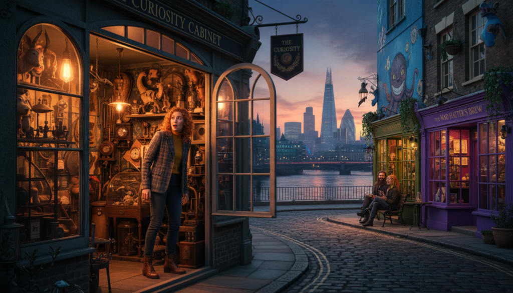 A vibrant scene of London showcasing offbeat attractions, featuring a quirky, small museum filled with unusual artifacts in the foreground. Include a colorful, curious visitor dressed in smart casual attire exploring the exhibits, with a sense of wonder on their face. In the middle ground, display a cobblestone street lined with eccentric shops, some with creatively painted storefronts, and a couple of people chatting and laughing. In the background, depict the iconic London skyline, dimly lit at dusk, with colorful lights reflecting on the Thames river. Use cinematic lighting to create a warm, inviting atmosphere, with highly detailed textures capturing the essence of London’s unique charm, all in stunning 8k resolution for maximum visual impact.