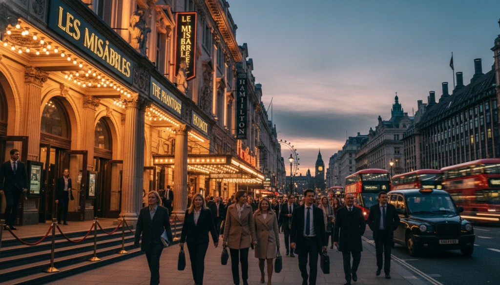 A vibrant scene of London's West End theatre district, showcasing historic theatre facades. In the foreground, intricate architectural details of renowned theatres with ornate designs, bright illuminated signage, and elegant entrance steps. The middle ground features bustling pedestrians in professional business attire, reflecting anticipation for a night out. The background captures the iconic skyline of the West End, hinting at famous landmarks like the London Eye. The atmosphere is lively and inviting, with warm, cinematic lighting that creates a welcoming glow. The image should be rendered in stunning 8k resolution, focusing on the textures of the buildings, the energy of the crowd, and a dynamic composition that elevates the sense of theatre and entertainment.