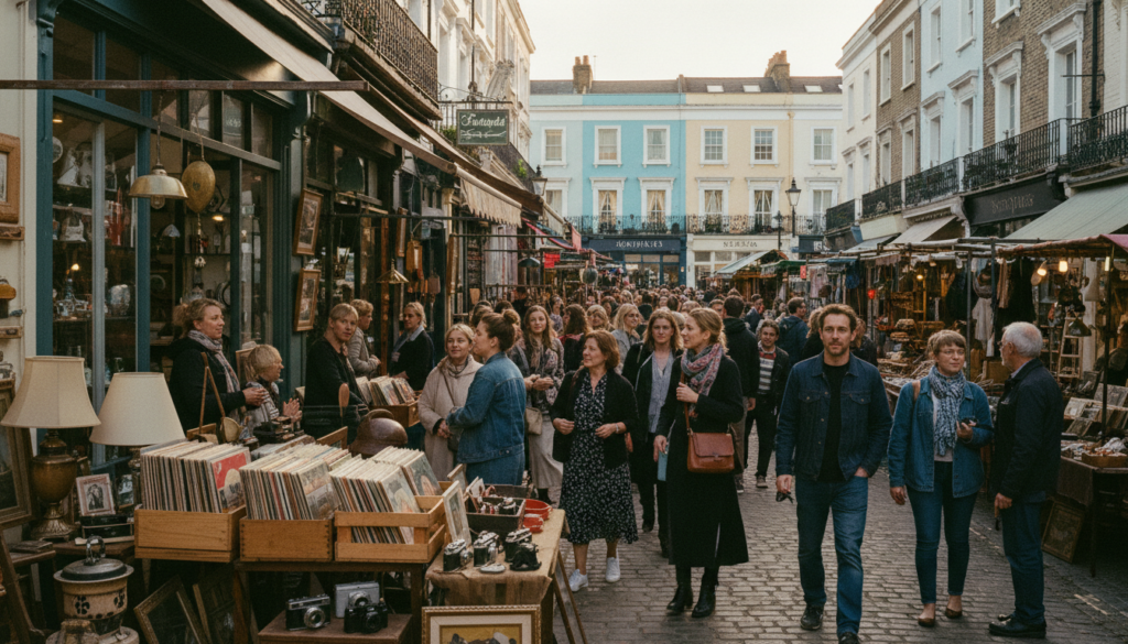 A vibrant scene of Portobello Road in Notting Hill, showcasing a bustling street market filled with colorful vintage stalls. In the foreground, antique shops display a variety of goods, from old vinyl records to unique home decor items, all under intricately designed awnings. The middle ground features visitors browsing the stalls, dressed in stylish yet casual clothing, with a couple of friendly vendors engaging with them. The background reveals charming pastel-colored houses typical of Notting Hill, basking in warm, golden hour lighting that enhances the overall inviting atmosphere. A camera angle from slightly above captures the lively essence of the market while highlighting the textures of the stalls and the historic architecture. The image should evoke a sense of exploration and discovery in an 8k resolution, with highly detailed textures.