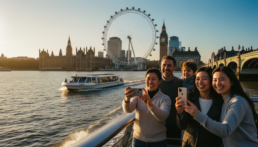 A vibrant scene of a Thames River cruise, capturing a family enjoying the boat ride. In the foreground, a diverse group of four people, dressed in casual, modest clothing, is smiling and taking pictures as they cruise along the river. The middle section features the sleek boat gliding through the sparkling water, with the iconic London Eye prominently visible in the background, along with other landmarks like Big Ben and the Houses of Parliament. The scene is bathed in warm, golden sunlight, creating a cheerful atmosphere. The image is framed with a slight upward angle, emphasizing both the boat and the stunning urban skyline above. Rendered in highly detailed textures, with cinematic lighting, in 8k resolution.