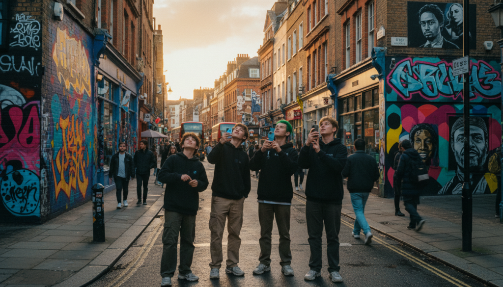 A vibrant scene of a bustling street in London featuring stunning street art murals on the walls, showcasing colorful and intricate designs that capture the attention of passing teenagers. In the foreground, a group of teens, dressed in casual but stylish attire, are admiring the artwork, capturing photos with their smartphones. The middle ground highlights the bold murals in various artistic styles – from graffiti to contemporary art. In the background, typical London architecture, such as red-brick buildings and classic shopfronts, adds to the urban atmosphere. The lighting is soft and golden, suggesting a late afternoon, enhancing the textures of the artwork. The overall mood is lively and youthful, inviting viewers to explore the dynamic street art scene. The image is captured in high detail, presented in 8k resolution.