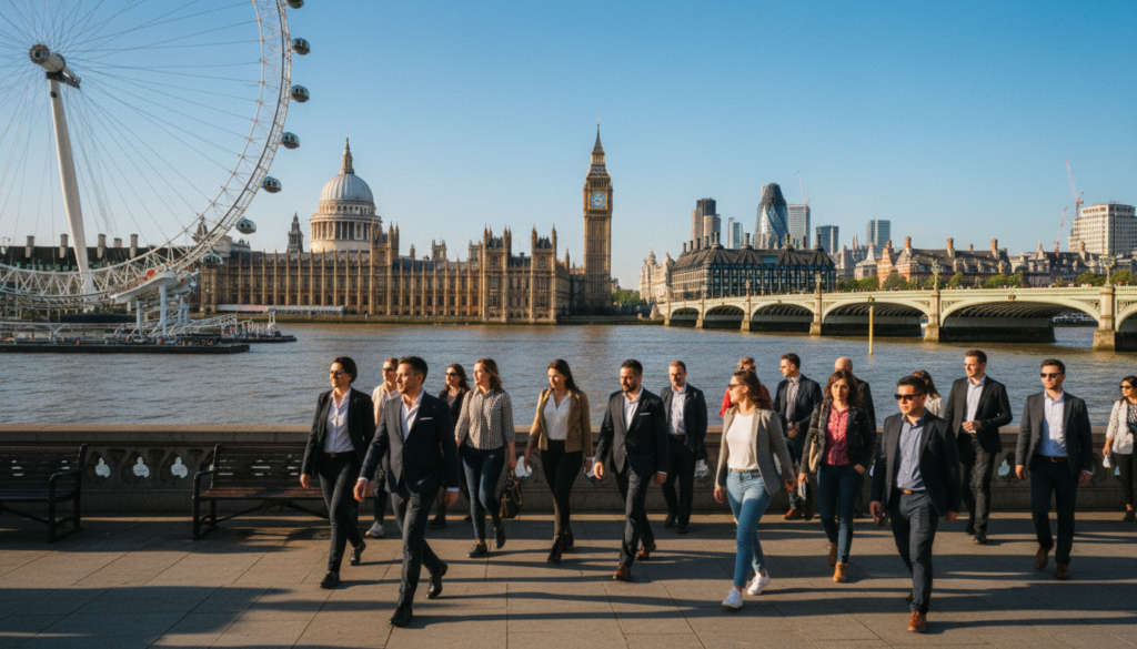 A vibrant scene of a walking tour in central London, capturing a group of diverse tourists in professional business attire and modest casual clothing strolling along the iconic South Bank. In the foreground, picturesque views of the River Thames with the London Eye prominently featured. The middle ground showcases the historic architecture of the Houses of Parliament and Big Ben, bathed in warm, cinematic lighting. The background reveals the bustling skyline of London, hinting at famous landmarks like St. Paul's Cathedral and the Tower Bridge under a bright blue sky. The atmosphere is lively and inviting, conveying the excitement of exploration in a beautifully composed, high-resolution photograph with rich textures, focused naturally to highlight both the visitors and surrounding landmarks.