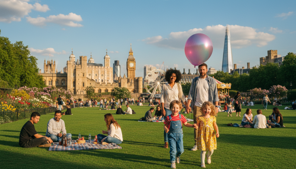 A vibrant scene of family-friendly attractions in London, showcasing iconic landmarks like the Tower of London and the Natural History Museum. In the foreground, delighted children play with a balloon, dressed in colorful casual clothing, while their parents observe with smiles. The middle ground features historical attractions, prominently displayed, surrounded by lush green parks where families picnic. The background includes London’s skyline with a clear blue sky and fluffy white clouds. The image captures a warm, inviting atmosphere with soft, cinematic lighting, emphasizing happiness and togetherness. Shot with an 85mm lens to achieve a shallow depth of field, rich textures, and an 8k resolution for stunning clarity. A vibrant scene of family-friendly attractions in London, showcasing iconic landmarks like the Tower of London and the Natural History Museum. In the foreground, delighted children play with a balloon, dressed in colorful casual clothing, while their parents observe with smiles. The middle ground features historical attractions, prominently displayed, surrounded by lush green parks where families picnic. The background includes London’s skyline with a clear blue sky and fluffy white clouds. The image captures a warm, inviting atmosphere with soft, cinematic lighting, emphasizing happiness and togetherness. Shot with an 85mm lens to achieve a shallow depth of field, rich textures, and an 8k resolution for stunning clarity.