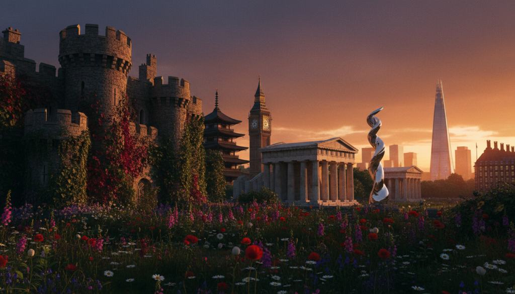 A vibrant scene showcasing an offbeat corner of London, featuring an intricately detailed castle with ivy-covered stone walls in the foreground. Surrounding the castle, quaint, hidden gardens filled with colorful wildflowers create a whimsical atmosphere. In the middle ground, an eclectic mix of ancient temples and modern art installations coexists, reflecting the city's unique blend of history and contemporary flair. The background captures iconic London architecture under a dramatic, sunset sky, casting warm, golden rays across the scene. The image should evoke a sense of adventure and curiosity, with a raw photographic quality, rich textures, and high-definition clarity, enhanced by soft cinematic lighting to highlight the enchanting details of this unusual destination.