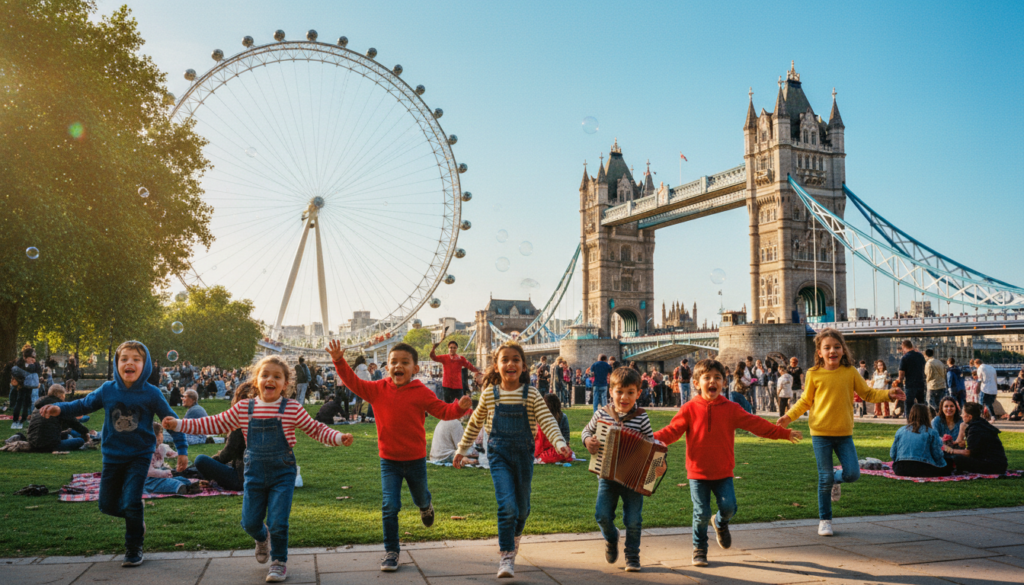 A vibrant scene showcasing children joyfully exploring popular family attractions in London, such as the London Eye and Tower Bridge, in the foreground. The kids are dressed in bright, casual clothing, their expressions radiating excitement and wonder. In the middle, families can be seen enjoying activities like picnicking in a park and flocking to street performers. The background features iconic London architecture under a clear blue sky, with sunlight filtering through the trees. The overall atmosphere is lively and cheerful, encapsulating the thrill of a family day out. The image is captured in raw photographic style with cinematic lighting, showcasing highly detailed textures in 8k resolution, emphasizing bright colors and dynamic movement.