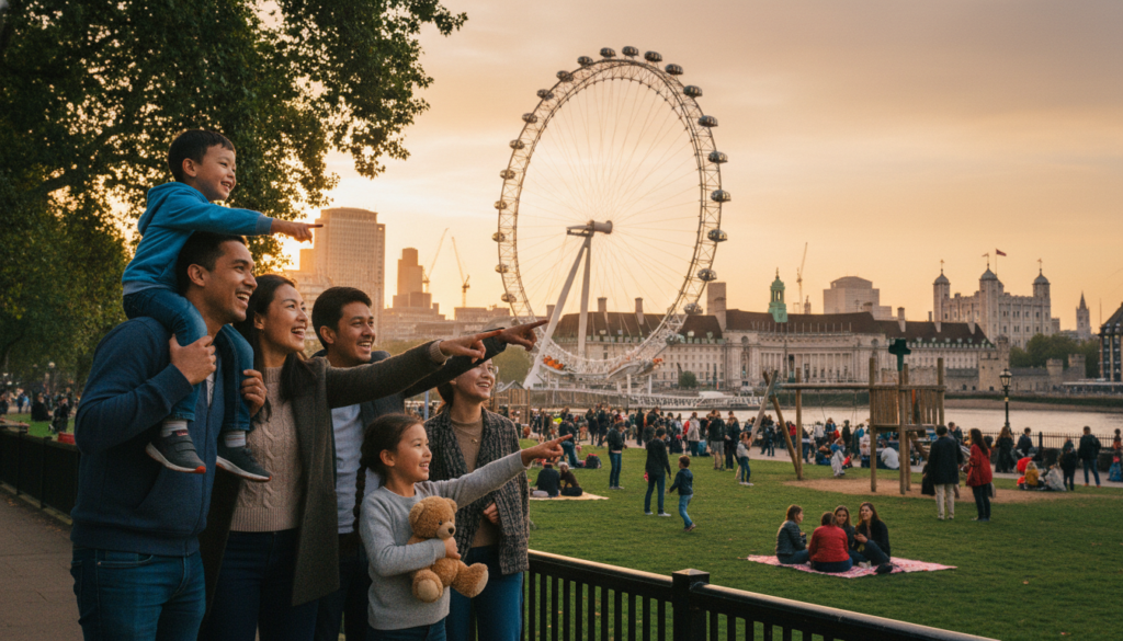 A vibrant scene showcasing family-friendly attractions in London, featuring iconic landmarks such as the London Eye and the Tower of London. In the foreground, a diverse group of families with children, dressed in modest casual clothing, enjoying themselves while pointing to the attractions. In the middle ground, the spacious greenery of a city park with picnic areas, playgrounds, and happy people engaging in fun activities. The background features the majestic skyline of London, bathed in warm, golden hour lighting, highlighting the intricate textures of the historic architecture. Capture this moment with cinematic angles and a soft depth of field, emphasizing the joyful atmosphere of a family day out, in 8k resolution for rich details and clarity.