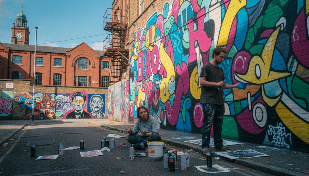 A vibrant street art scene in East London, showcasing a vivid mural on a brick wall, filled with intricate patterns and bold colors. In the foreground, a couple of young artists in modest casual clothing are painting, their focused expressions capturing the creative energy of the moment. The middle ground features eclectic street art pieces, blending graffiti with whimsical designs, and a scattered assortment of spray cans. In the background, urban elements like old warehouses and a blue sky peek through, with soft, cinematic lighting casting gentle shadows. The atmosphere is lively and inspiring, encapsulating the essence of a hidden creative corner in London. Highly detailed textures and 8k resolution enhance the visual impact of this unique art scene.